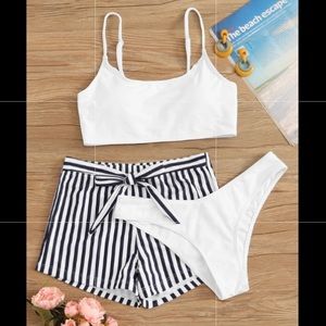 ❤️SHEIN 3 Piece Striped Swim Suit Bikini & Shorts